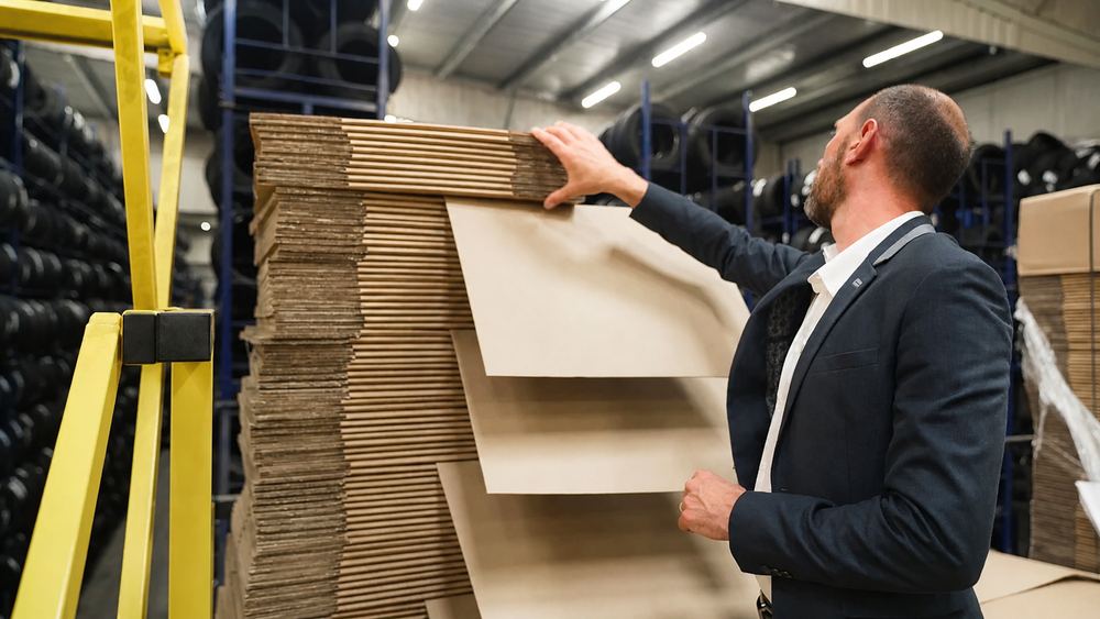 Matthieu Lebasque, directeur commercial de Carton Vert, devant une pile de cartons réemployés chez Districash