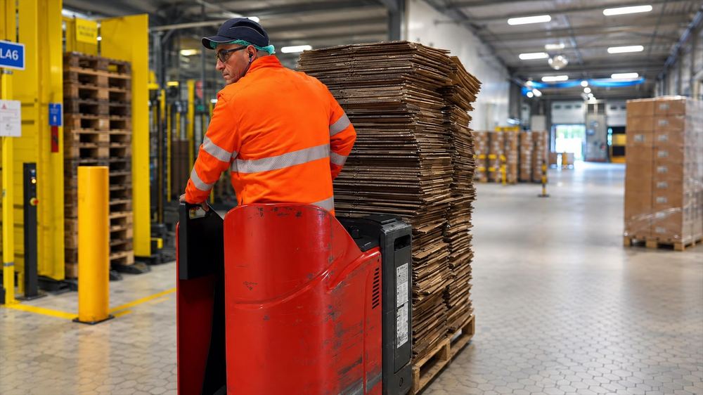 Opérateur en tenue haute visibilité devant une pile de cartons à plat