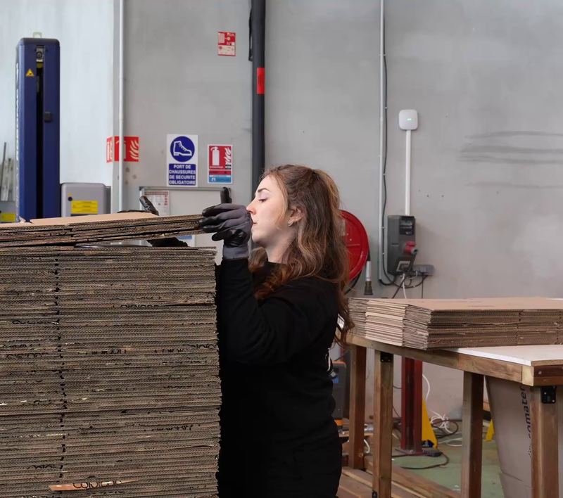 Contrôle d'une pile de cartons pendant le tri